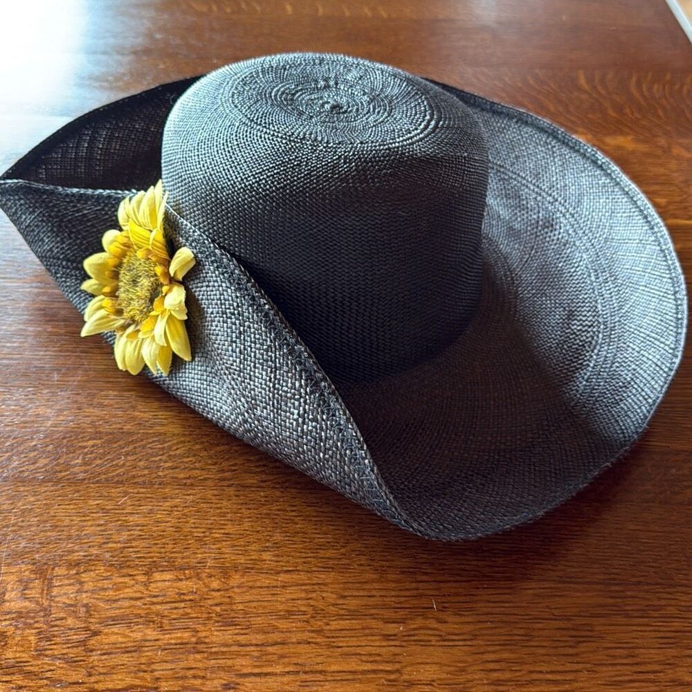 Vintage Black Fine Weave Wide‎ Brim Straw Hat Sunflower Women’s Size Medium - Picture 7 of 13